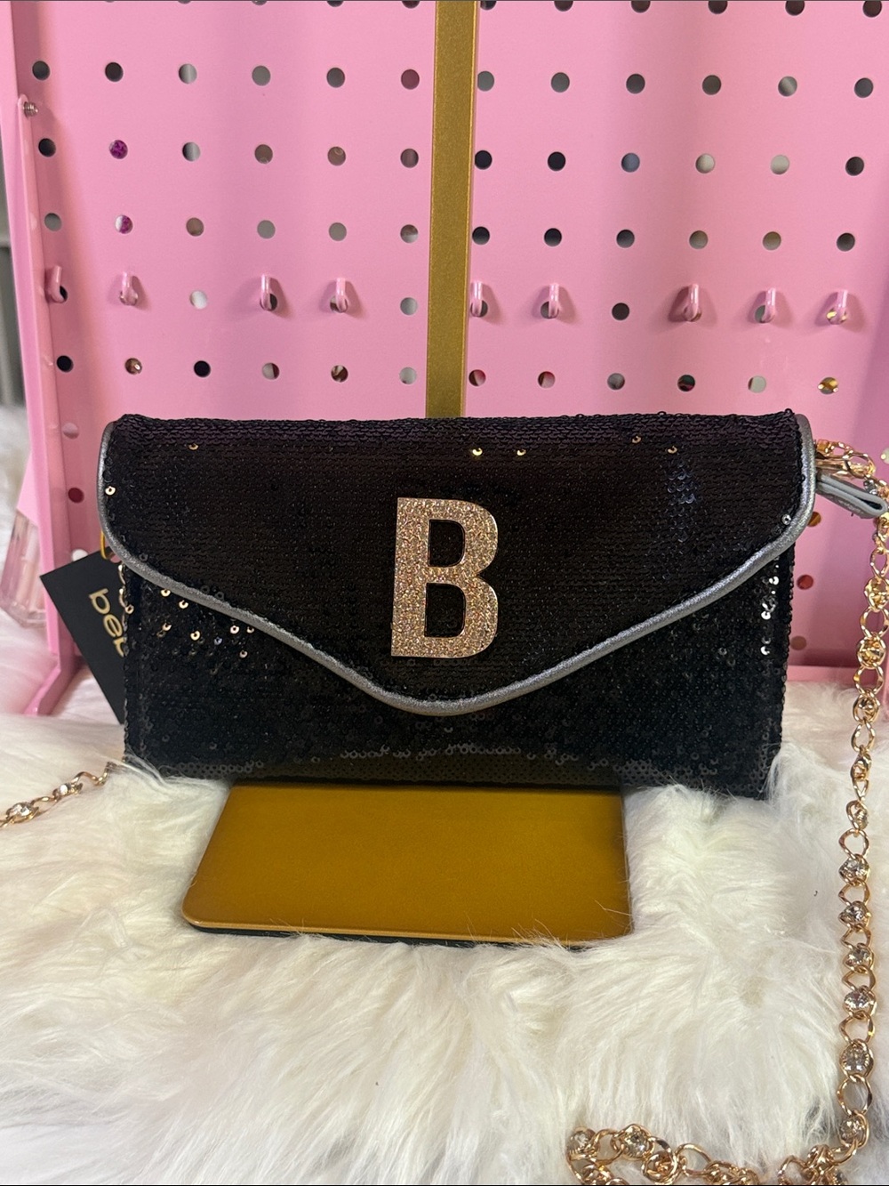 bebe Black Sequin Wristlet Clutch with Gold 'B' Accent